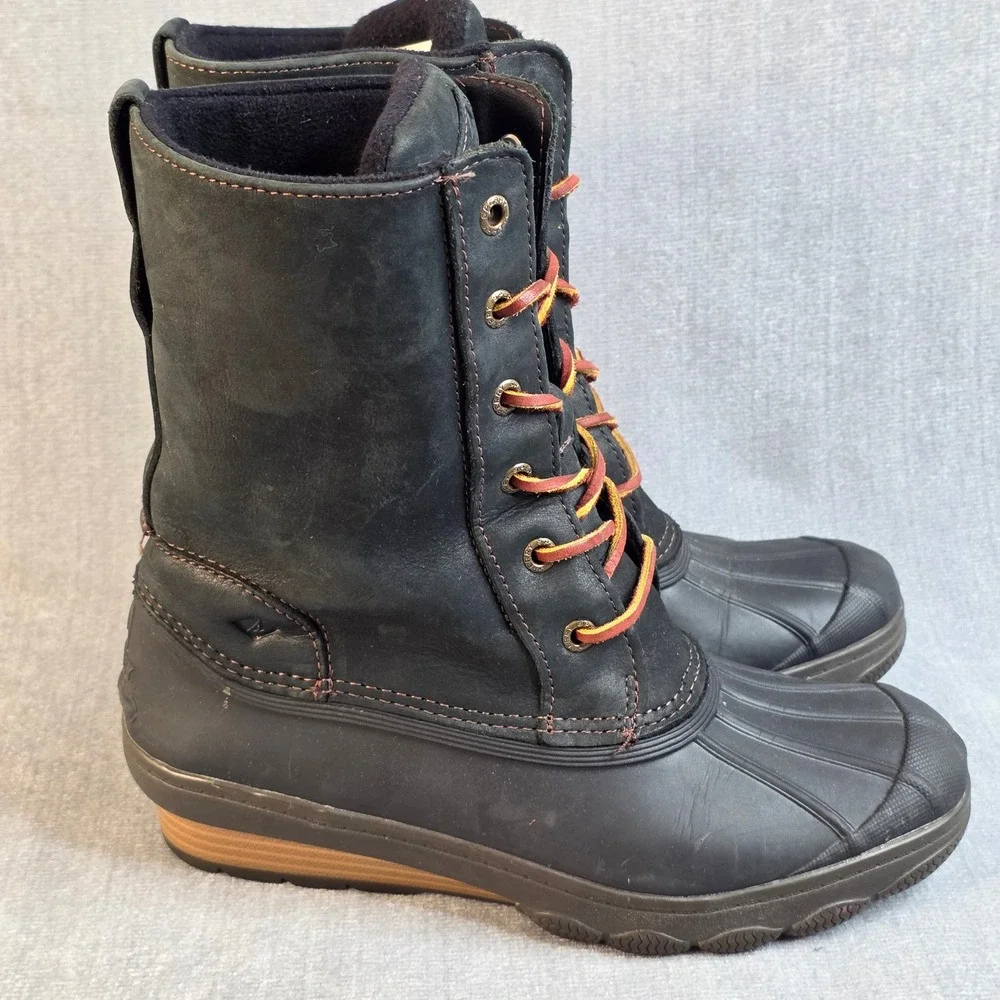 Sperry Duck Boots Women 6 Black STS80766 Saltwater Leather Waterproof Preppy